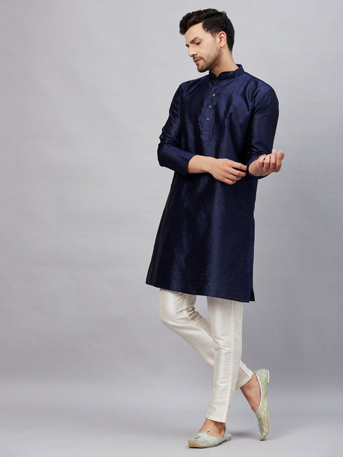 Men's Navy Blue Woven Kurta With Pant Set